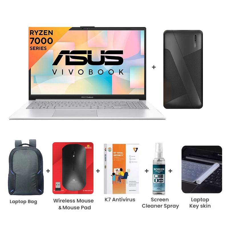 Picture of Asus Vivobook Go 15 - AMD Ryzen 3 7320U 15.6" (39.62cm) E1504FA-BQ2321WS (8GB/ 512GB SSD/ Full HD Display/ AMD Radeon Graphics/ Windows 11 Home/ Office Home 2024/ 1Year Warranty/ Cool Silver/ 1.63kg) with 10000mAh PowerBank + Laptop Bag + Wireless Mouse & Mouse Pad +  K7 Antivirus Single User + Screen Cleaner Spray + Laptop Key Skin