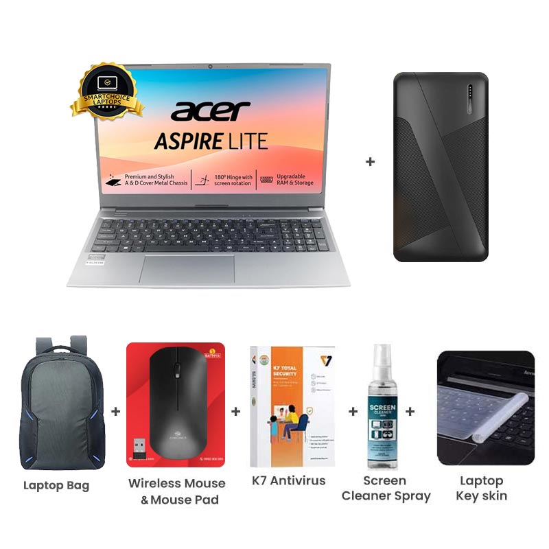 Picture of Acer Aspire Lite - AMD Ryzen 3 7330U 15.6" (39.62 cm) AL15-41 Thin & Light Laptop  (8GB/ 512GB SSD/ Full HD Display / ‎AMD Radeon Graphics/ Windows 11 Home / 1Year Warranty/ Steel Gray/ 1.6 Kg) with 10000mAh PowerBank + Laptop Bag + Wireless Mouse & Mouse Pad + K7 Antivirus Single User + Screen Cleaner Spray + Laptop Key Skin