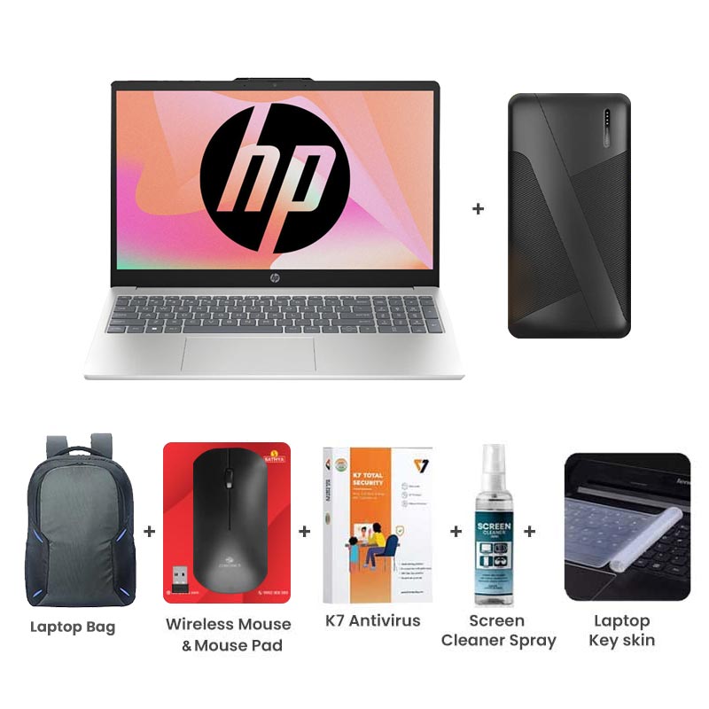 Picture of  HP - AMD Ryzen 3 7320U 15.6" (39.6 cm) 15-fc0154AU Thin & Light Laptop (8GB/ 512GB SSD/ Full HD Display/ AMD Radeon Graphics/ Dual speakers,FHD camera/ Mic mute key/ Camera privacy shutter/ Windows 11 Home/ MS Office/ 1 Year Warranty/ Natural Silver/ 1.59Kg)  10000mAh PowerBank + Laptop Bag + Wireless Mouse & Mouse Pad + K7 Antivirus Single User + Screen Cleaner Spray + Laptop Key Skin
