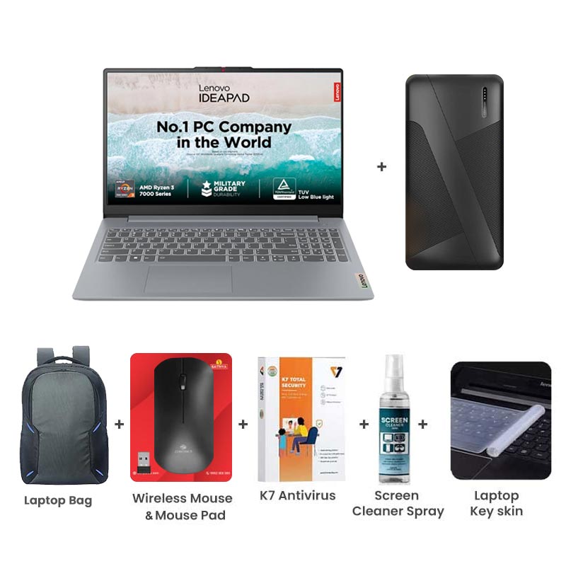 Picture of Lenovo IdeaPad Slim 3 - AMD Ryzen 3 7320U 15.6" (39.62 cm) 82XQ00MDIN Thin & Light Laptop (8GB / 512GB SSD/ Full HD Display/ Camera Privacy Shutter/AMD Radeon 610M Graphics/ Anti-glare/ Windows 11 Home/ MS Office 2024/ 1Year Warranty/ Arctic Grey/ 1.62 kg)  10000mAh PowerBank + Laptop Bag + Wireless Mouse & Mouse Pad + K7 Antivirus Single User + Screen Cleaner Spray + Laptop Key Skin