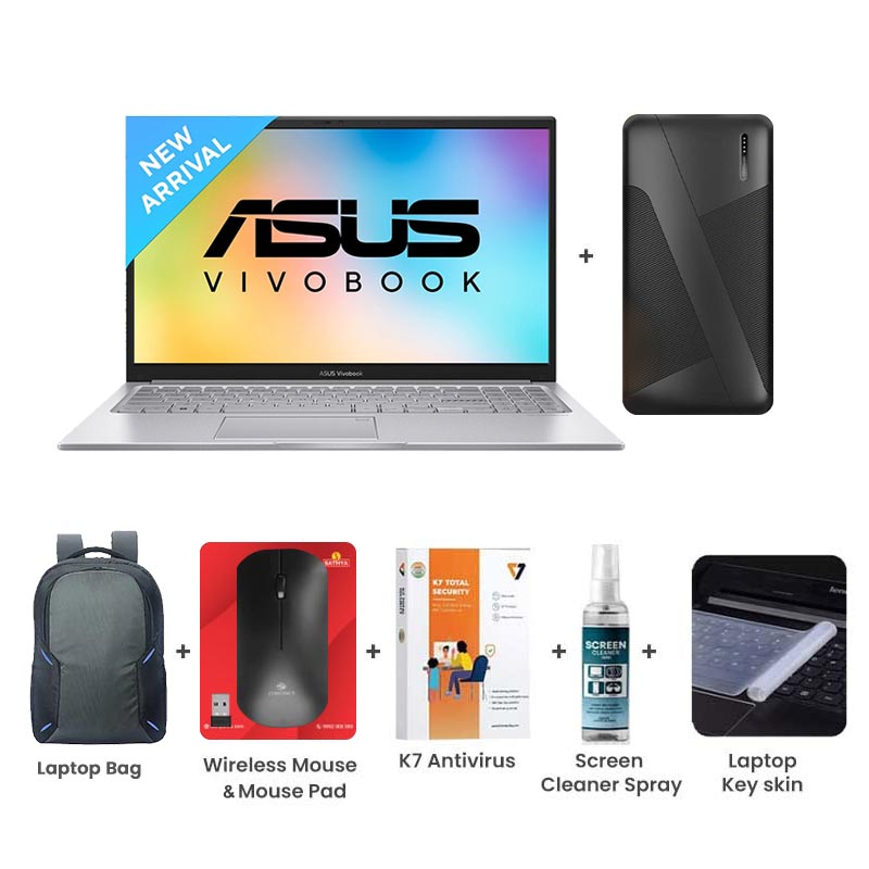Picture of Asus Vivobook 15 (2025) - 13th Gen Intel Core i3-1315U 15.6" (39.62cm) X1504VA-NJ2324WS Thin and Light Laptop (16GB/ 512GB SSD/ Full HD Display/ Intel UHD Graphics/ Windows 11 Home/ Office Home 2024/ 1 Year Warranty/ Cool Silver/ 1.70 kg)  10000mAh PowerBank + Laptop Bag + Wireless Mouse & Mouse Pad + K7 Antivirus Single User + Screen Cleaner Spray + Laptop Key Skin
