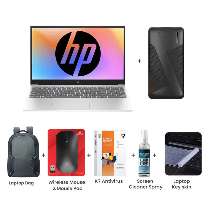 Picture of HP - 13th Gen Intel Core i3-1315U 15.6" (39.6 Cm) 15-fd0465TU Thin & Light Laptop (8GB DDR4/ 512GB NVMe M.2 SSD/ Windows 11 Home/ MS Office 2024/ Anti-Glare 250 nits/ Dual Speakers/ Mic Mute key/ Camera Privacy Shutter / 1Year Warranty/ Silver/ 1.59Kg)  with 10000mAh Power Bank + Laptop Bag + Wireless Mouse & Mouse Pad + K7 Antivirus Single User + Screen Cleaner Spray + Laptop Key Skin