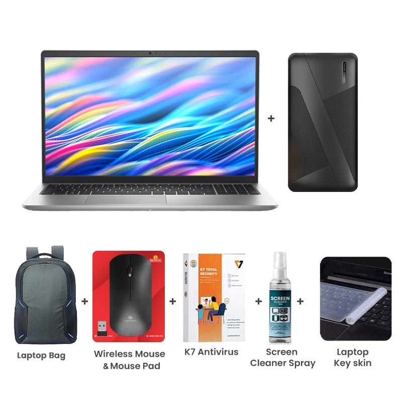 Picture of Dell 15 - Intel Core 3-100U 15.6" (39.62cm) Thin & Light Laptop (8GB/ 512GB SSD/ Full HD Display/ Intel UHD Graphics/ Windows 11 Home/ MS Office 2024/ 1 Year Warranty/ Platinum Silver/ 1.90 kg) 10000mAh PowerBank + Laptop Bag + Wireless Mouse & Mouse Pad +  K7 Antivirus Single User + Screen Cleaner Spray + Laptop Key Skin