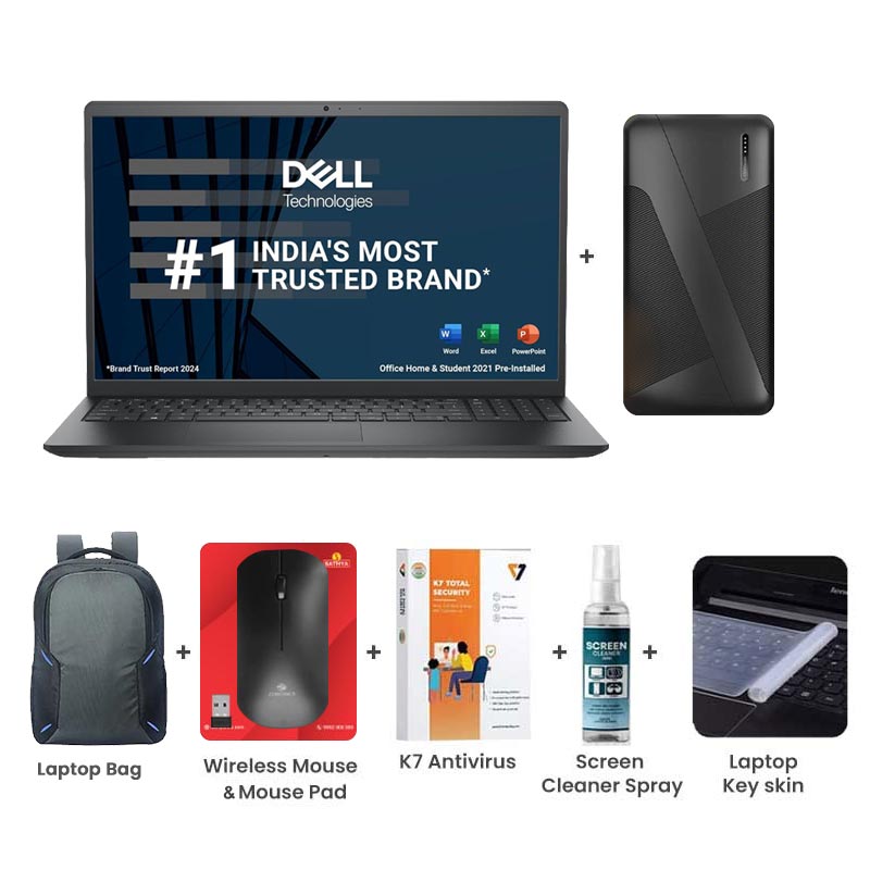 Picture of Dell Inspiron 3530 - 13th Gen Intel Core i5-1334U 15.6" (39.62cm) Thin & Light Laptop (16GB/ 512GB SSD/ Full HD Display/ Windows 11 Home/  MS Office 2021/ Intel UHD Graphics/ 1 Year Warranty/ Carbon Black/ 1.62 kg) with with 10000mAh PowerBank + Laptop Bag + Wireless Mouse & Mouse Pad + K7 Antivirus Single User + Screen Cleaner Spray + Laptop Key Skin