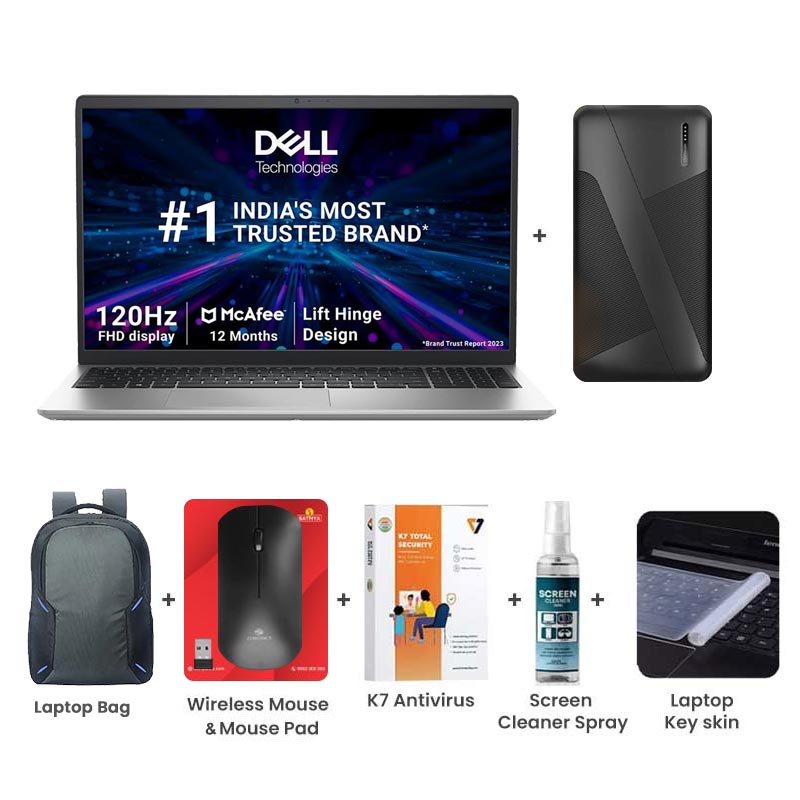 Picture of Dell Inspiron 3530 - 13th Gen Intel Core i7 15.6" (39.62cm) Thin & Light Laptop (16GB/ 512GB SSD/ Full HD Display/ Windows 11 Home/ MS Office 2021/ Intel UHD Graphics/ 1 Year Warranty/ Platinum Silver/ 1.65kg)  10000mAh PowerBank + Laptop Bag + Wireless Mouse & Mouse Pad + K7 Antivirus Single User + Screen Cleaner Spray + Laptop Key Skin