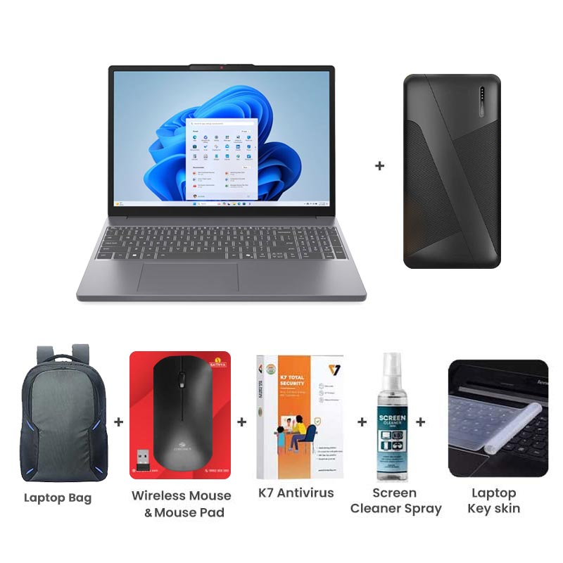 Picture of Lenovo IdeaPad Slim 3 - Intel Core i5-13420H 15.3" (38.86 cm) 83K100C6IN Thin & Light Laptop (16GB/ 512GB SSD/ Camera Privacy Shutter/ Anti-glare/ Integrated Intel UHD Graphics/ Backlit keyboard/ Windows 11 Home/ MS Office 2024/ 1Year Warranty/ Luna Grey/ 1.59 kg) 10000mAh PowerBank + Laptop Bag + Wireless Mouse & Mouse Pad +  K7 Antivirus Single User + Screen Cleaner Spray + Laptop Key Skin