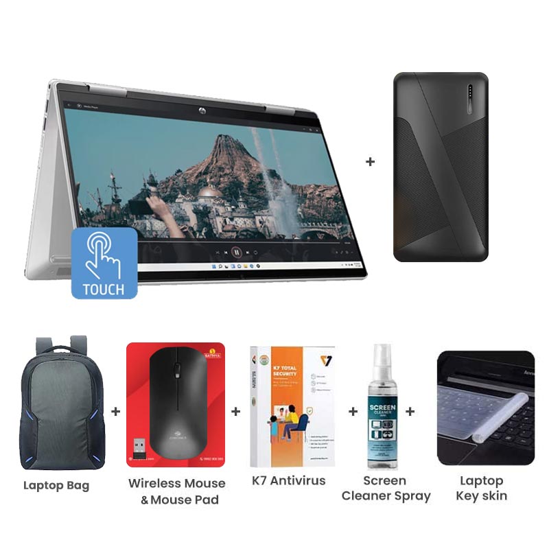 Picture of HP Pavilion x360 - 13th Gen Intel Core i5-1335U 14" (35.6 cm) 14-ek1149TU Thin & Light Laptop (16GB/ 1TB SSD/ Full HD Touch Display/ Intel Iris X Graphics/ Windows 11 Home/ MS Office/ 1 Year Warranty/ Natural Silver/ 1.51kg) with 10000mAh PowerBank +Laptop Bag + Wireless Mouse & Mouse Pad + K7 Antivirus Single User + Screen Cleaner Spray + Laptop Key Skin
