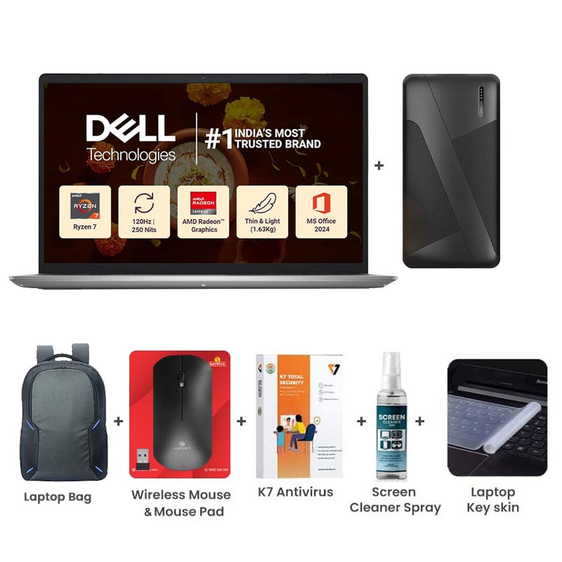Picture of Dell 15 - AMD Ryzen 7-7730U 15.6" (39.62cm) Thin & Light Laptop (16GB/ 512GB SSD/ Full HD Display/ AMD Radeon Graphics/ Standard Keyboard/ Windows 11 Home/ Office Home 2024 + M365 Basic/ 1Year Warranty/ Platinum Silver/ 1.63Kg)  10000mAh PowerBank + Laptop Bag + Wireless Mouse & Mouse Pad + Pendrive + K7 Antivirus Single User + Screen Cleaner Spray + Laptop Key Skin