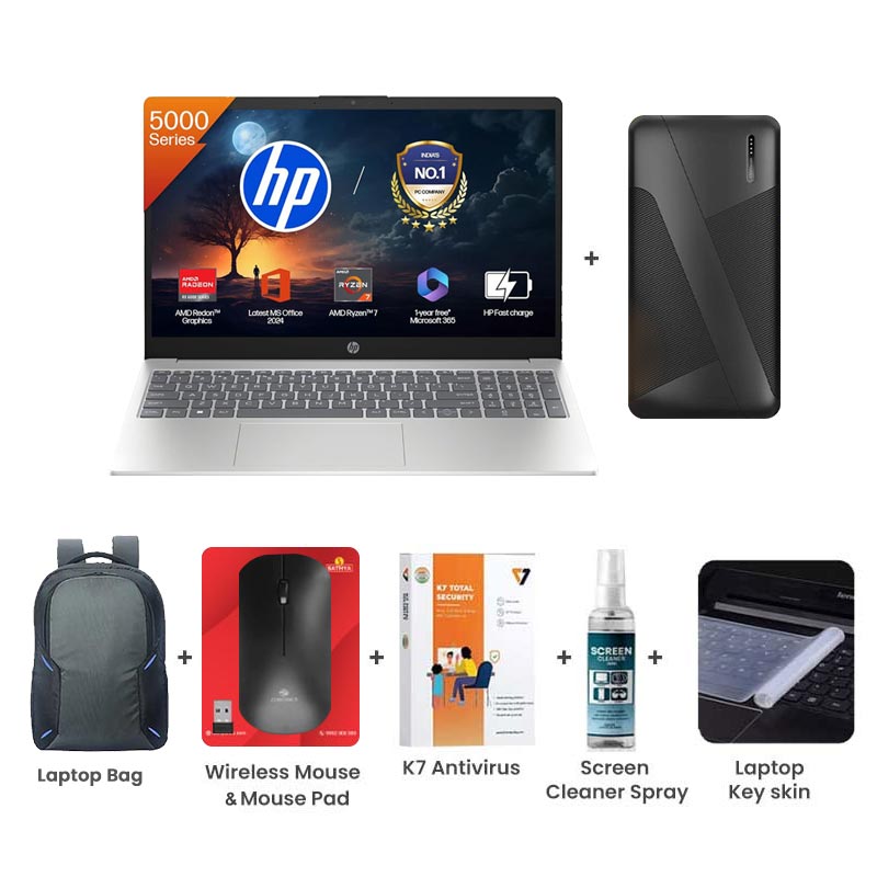 Picture of HP 15s - AMD Ryzen 7-5825U 15.6" (39.6 Cm) 15s-FC0476au Thin and Light Laptop (16GB/ 512GB SSD/ Full HD Display/ Windows 11 Home/ MS Office/ 1Year Warranty/ Natural Silver/1.59Kg) with Laptop Bag + 10000mAh Power Bank + Wireless Mouse + Mouse Pad + K7 Antivirus + Screen Cleaner Spray + Laptop Key Skin