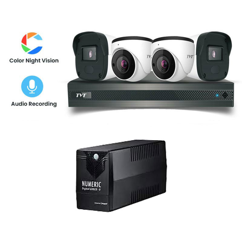 Picture of TVT 4 CCTV Cameras Combo (2 Indoor & 2 Outdoor CCTV Cameras) (Colour View With Mic) 👨🏻‍🔧 With CCTV Installation + 4CH DVR + HDD + Accessories + Power Supply + 90m Cable + NUMERIC UPS