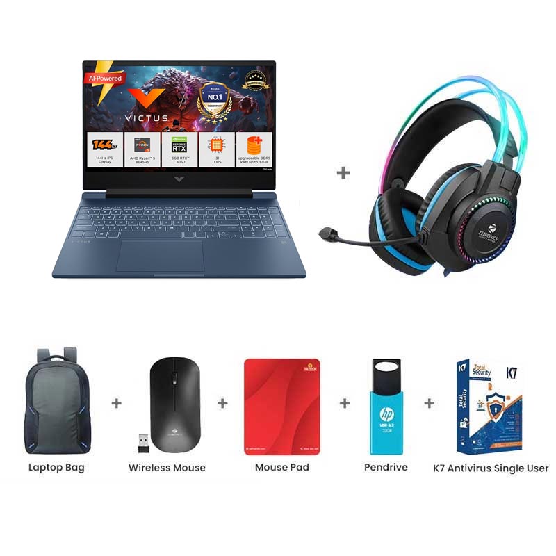 Picture of HP Victus - AMD Ryzen 5 8645HS 15.6" (39.6 cm) 15-fb3009AX Gaming Laptop (16GB/ 512GB SSD/ Full HD Display/ 144 Hz/ 300 nits/ NVIDIA GeForce RTX 3050 6GB/ Backlit Keyboard/ Anti-Glare/ 3-cell, 52.5 Wh Li-ion Polymer/ Windows 11 Home/ MS Office 2024/ 1 Year Warranty/ Performance Blue/ 2.29 kg) Gaming Headphone + Laptop Bag + Wireless Mouse + Mouse Pad + Pendrive + K7 Antivirus Single User