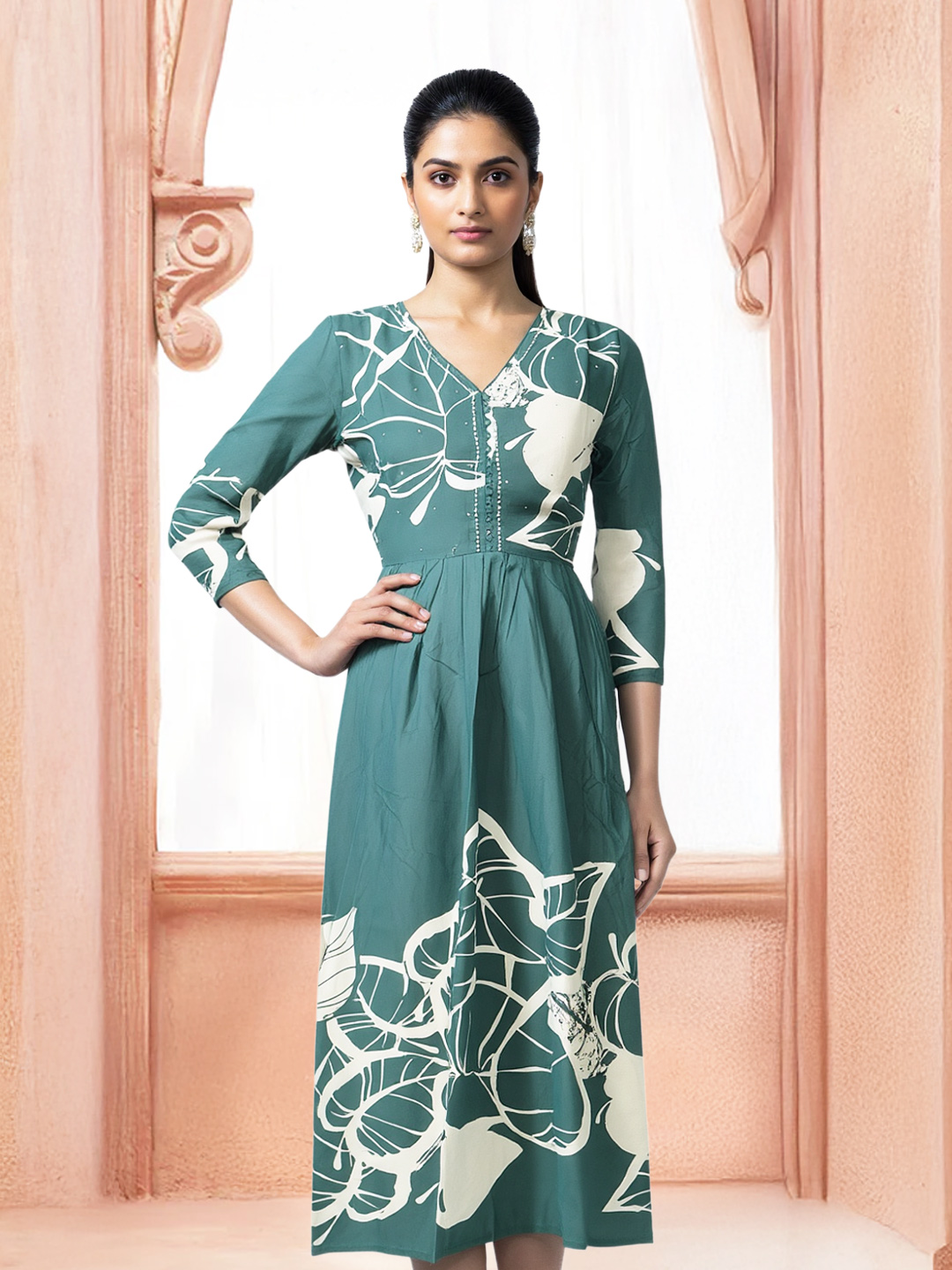 Picture of Elegant Leaf-Print Stylish V-Neck Kurti