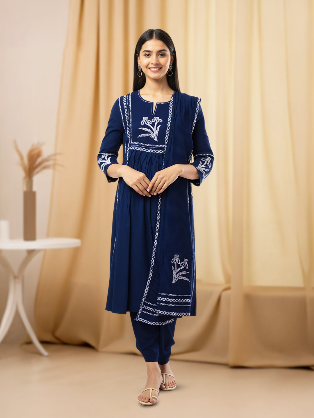 Picture of Embroidered Notched Round Neck Salwar Suit Set
