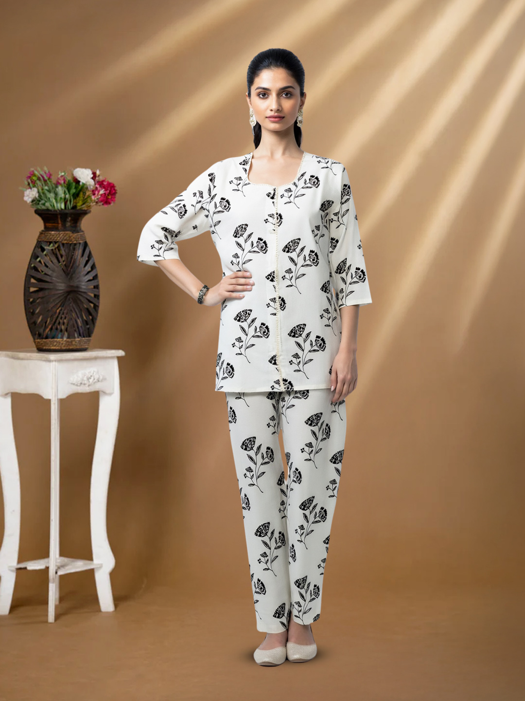 Picture of Monochrome Floral Printed Top with Palazzo Co-Ord Set