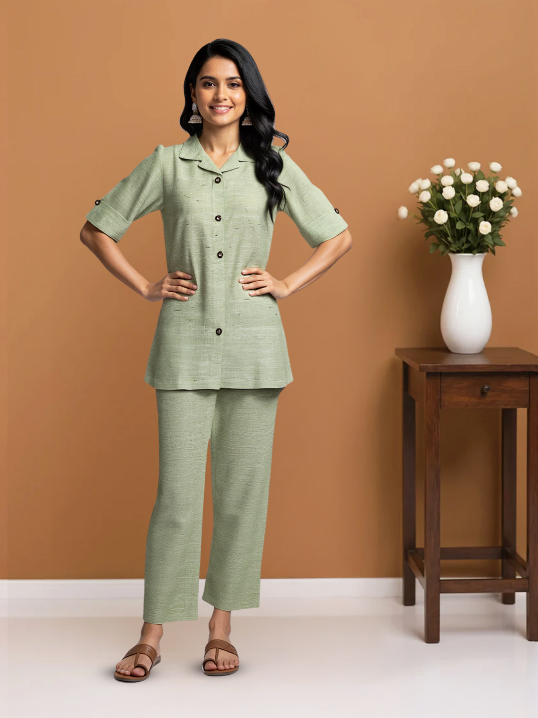 Picture of Elegant Button-Down Collar Top with Palazzo Co-Ord Set