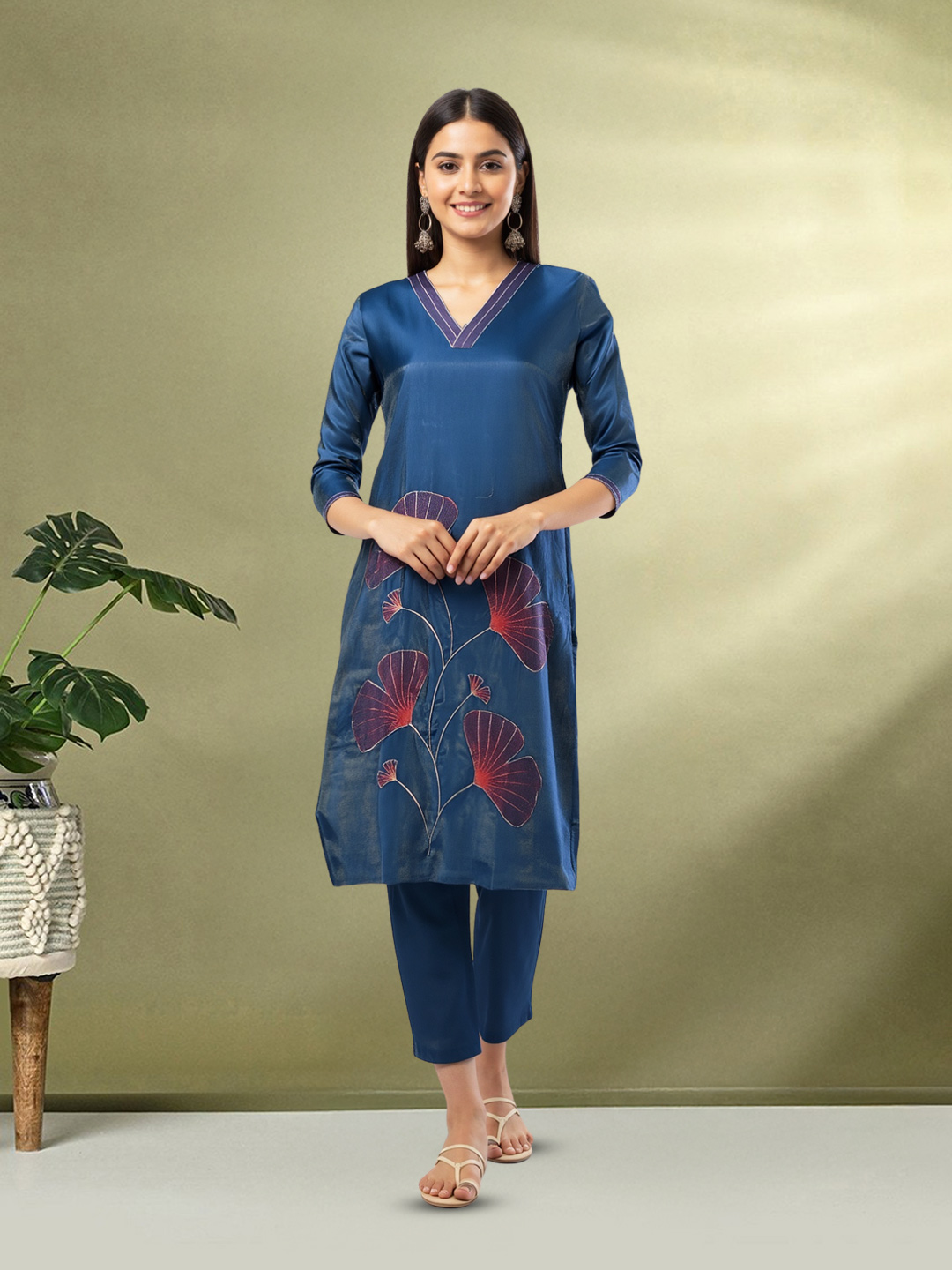 Picture of Stunning V-Neck Embroidered Kurta with Pant Set