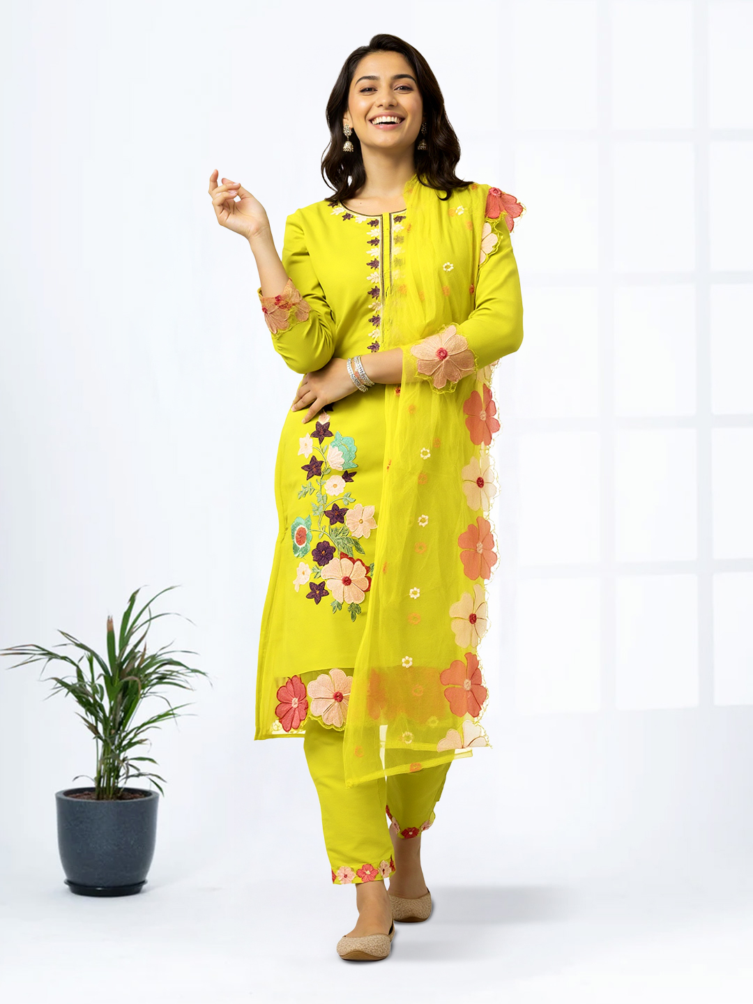 Picture of Intricate Floral Embroidery Kurta with Pant & Dupatta Set