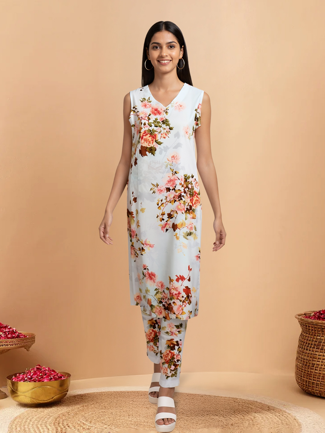 Picture of Floral Printed Sleeveless Kurta with Pant Co-Ord Set