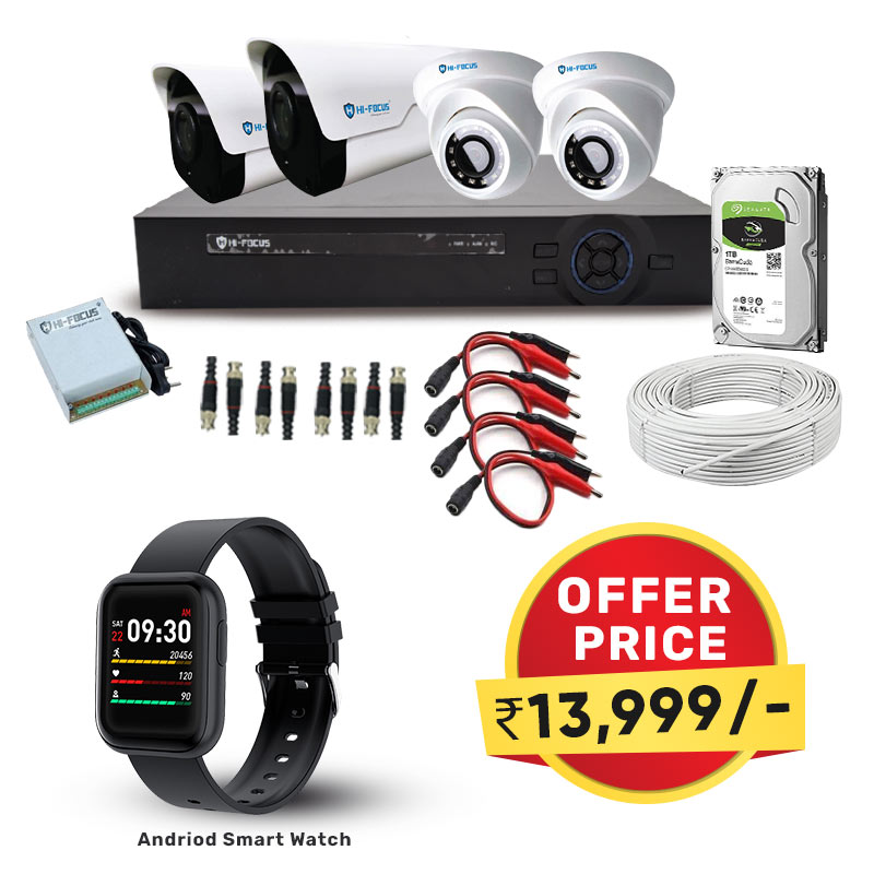 Picture of Hi-Focus Security Solutions With 2MP HD Camera-Indoor&Outdoor,1TB Hard Disk,4 Channel DVR,90M Cables with Required Accessories for Home/Offices ( Combo Set) + FIREBOLTT NINJA PRO WATCH