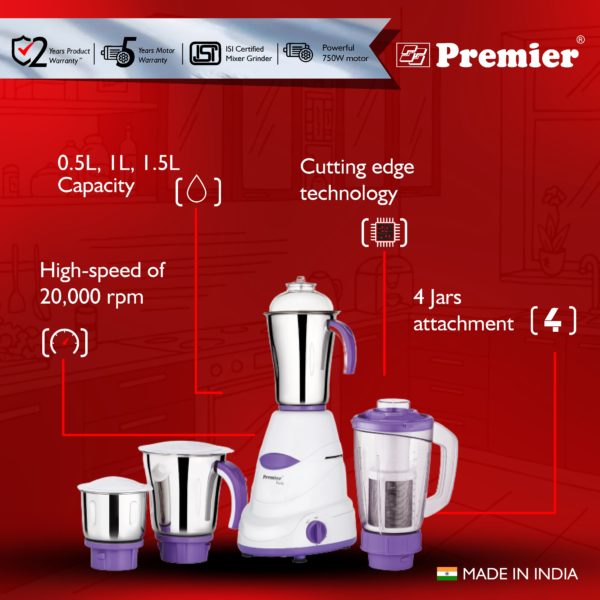 Premier Viola 750 Watts Mixer Grinder (4 Jars, Violet) sathya.in