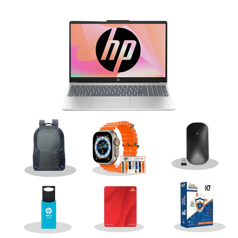 Picture of HP - AMD Ryzen 3 7320U 15.6" (39.6 cm) 15-fc0154AU Thin & Light Laptop (8GB/ 512GB SSD/ Full HD Display/ AMD Radeon Graphics/ Dual speakers,FHD camera/ Mic mute key/ Camera privacy shutter/ Windows 11 Home/ MS Office/ 1 Year Warranty/ Natural Silver/ 1.59Kg) with Smart watch (7-in-1 Strap) + Laptop Bag + Wireless Mouse + Mouse Pad + Pendrive + K7 Antivirus Single User
