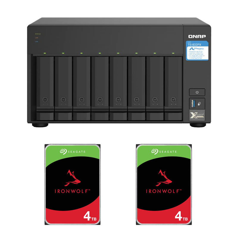 Picture of QNAP TS-832PX-4G 8 Bay High-Capacity Network Attached Storage (Quad-core 1.7GHz/ 10GbE SFP+ and 2.5GbE/ Supports PCIe Expansion for M.2 SSDs to Accelerate Applications/ 3 Years Warranty) + 2 x Seagate 4TB IronWolf NAS HDD (3.5" 6GB/S SATA 256MB/ 3 Years Warranty) 