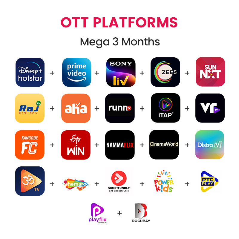 Picture of Hotstar + Amazon Prime + SunNXT + ZEE5 + SonyLIV + aha Tamil + Raj TV + FanCode + VROTT + Distro + Powerkids + Runn TV + CinemaWorld + PlayFlix + iTAP + Shemaroo + OM TV + ETV Win + DocuBay + Shortfundly + Nammaflix + PTC, Mega 3 Months