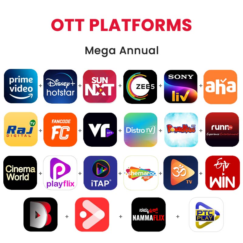 Picture of Hotstar + Amazon Prime + SunNXT + ZEE5 + SonyLIV + aha Tamil + Raj TV + FanCode + VROTT + Distro + Powerkids + Runn TV + CinemaWorld + PlayFlix + iTAP + Shemaroo + OM TV + ETV Win + DocuBay + Shortfundly + Nammaflix + PTC, Mega Annual