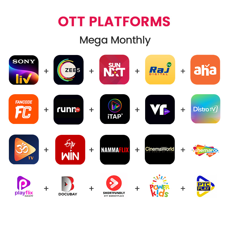 Picture of SunNXT + ZEE5 + SonyLIV + aha Tamil + Raj TV + FanCode + VROTT + Distro + Powerkids + Runn TV + CinemaWorld + PlayFlix + iTAP + Shemaroo + OM TV + ETV Win + DocuBay + Shortfundly + Nammaflix + PTC, Mega Monthly