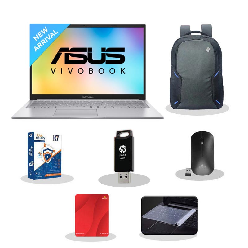 Picture of Asus Vivobook 15 - 12th Gen Intel Core i3-1215U 15.6" (39.62cm) X1504ZA-NJ322WS Thin & Light Laptop (8GB/ 512GB SSD/ Full HD Display/ Intel UHD Graphics/ Windows 11 Home/ MS Office/ 1Year Warranty/ Cool Silver/ 1.70kg) with Laptop Bag + K7 Antivirus + Wireless Mouse + Mouse Pad + Pendrive + Laptop Key Skin
