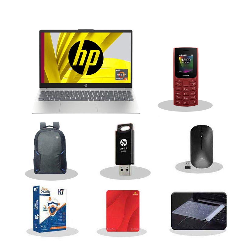 Picture of HP 15 - AMD Ryzen 5-7520U 15.6" (39.6 cm) 15-fc0156AU Thin & Light Laptop (16GB/ 512GB SSD/ Full HD Display/ Windows 11 Home/ Anti-Glare/  AMD Radeon Graphics/ Backlit KB/ Backlit KB/ MS Office/ 1Year Warranty/ Silver/ 1.59 kg) with Nokia 106 Keypad Phone + Laptop Bag + K7 Antivirus + Wireless Mouse + Mouse Pad + Pendrive + Laptop Key Skin