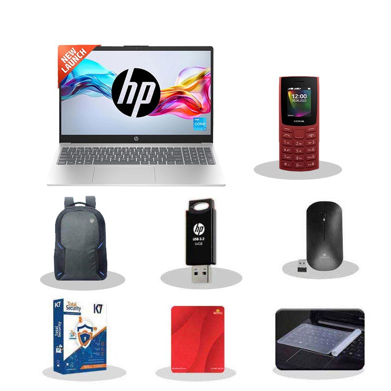 Picture of HP 15 - 12th Gen Intel Core i3-1215U 15.6" (39.6 Cm) 15-fd0061TU Thin & Light Laptop (8GB/ 512GB SSD/ Full HD Display/ Intel UHD Graphics/ Dual Speakers/ Full-size keyboard/ Windows 11 Home/ MS Office/ 1 Year Warranty/ Natural Silver/ 1.59Kg) with Nokia 106 Keypad Phone + Laptop Bag + K7 Antivirus + Wireless Mouse + Mouse Pad + Pendrive + Laptop Key Skin