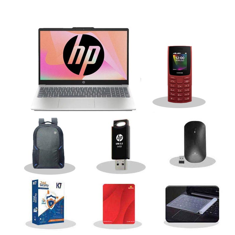 Picture of HP - AMD Ryzen 3 7320U 15.6" (39.6 cm) 15-fc0154AU Thin & Light Laptop (8GB/ 512GB SSD/ Full HD Display/ AMD Radeon Graphics/ Dual speakers,FHD camera/ Mic mute key/ Camera privacy shutter/ Windows 11 Home/ MS Office/ 1 Year Warranty/ Natural Silver/ 1.59Kg) with Nokia 106 Keypad Phone + Laptop Bag + K7 Antivirus + Wireless Mouse + Mouse Pad + Pendrive + Laptop Key Skin