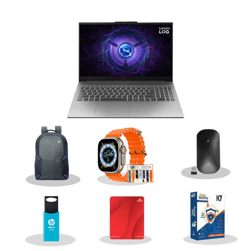 Picture of Lenovo LOQ - Intel Core i5-12450HX 15.6" (39.6cm) 83GS00PJIN Gaming Laptop (16GB/ 512GB SSD/ Full HD Display/  NVIDIA GeForce RTX 3050 6GB/ E-shutter/ IPS 300nits Anti-Glare/ 100% sRGB/ 144Hz/ Windows 11 Home/ MS Office 2024/ 1Year Warranty/Luna Grey/ 2.38Kg)   with Smart watch (7-in-1 Strap) + Laptop Bag + Wireless Mouse + Mouse Pad + Pendrive + K7 Antivirus Single User