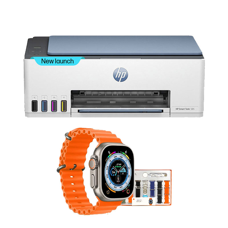Picture of HP Smart Tank 585 All-in-One Multi-function WiFi Color Inkjet Printer  (Grey White, Ink Bottle) + Smart watch (7-in-1 Strap)