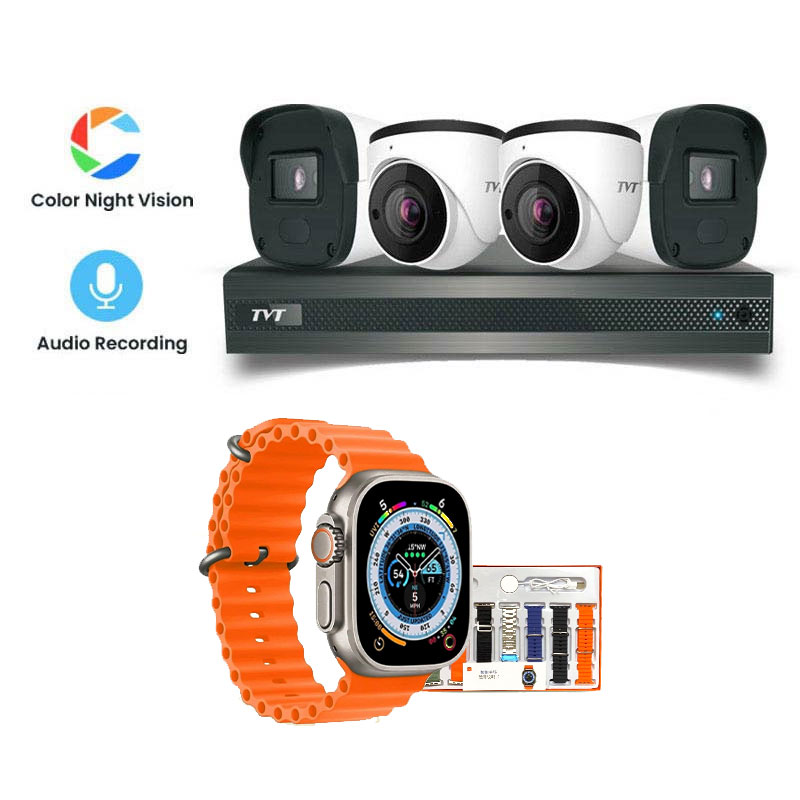 Picture of TVT 4 CCTV Cameras Combo (2 Indoor & 2 Outdoor CCTV Cameras) (Colour View With Mic) 👨🏻‍🔧 With CCTV Installation+ 4CH DVR + HDD + Accessories + Power Supply + 90m Cable +Smart watch (7-in-1 Strap) 