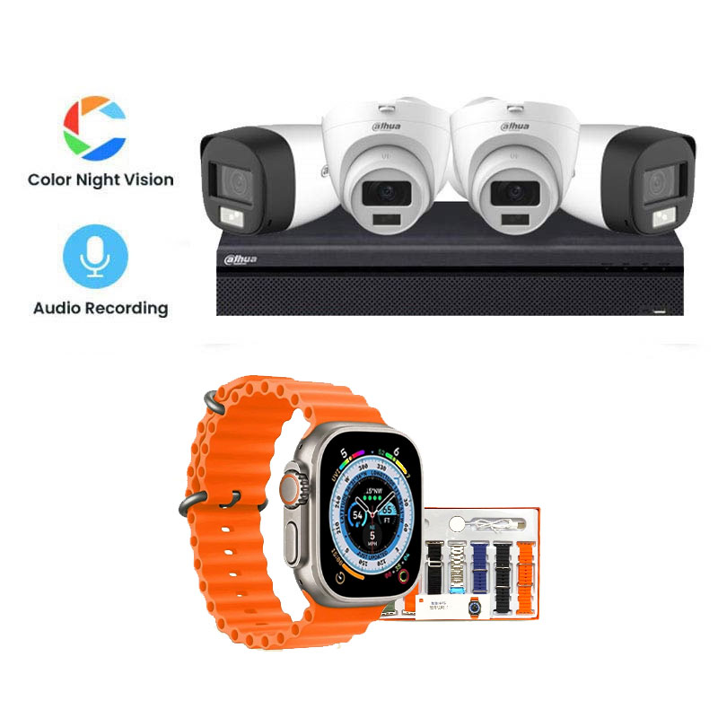 Picture of Dahua 4 CCTV Cameras Combo (2 Indoor & 2 Outdoor CCTV Cameras) (Colour View With Mic) 👨🏻‍🔧 With CCTV Installation + 4CH DVR + HDD + Accessories + Power Supply + 90m Cable + Smart watch (7-in-1 Strap) 