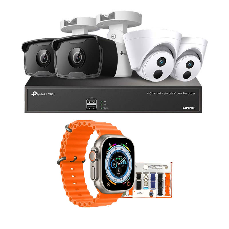Picture of TP-Link VIGI 4 IP Cameras Combo (2 Indoor & 2 Outdoor  Cameras ) 👨🏻‍🔧With CCTV Installation + 4Channel NVR+ 4 PORT POE Switch + HDD + Accessories + 90m Cable + Smart watch (7-in-1 Strap)
