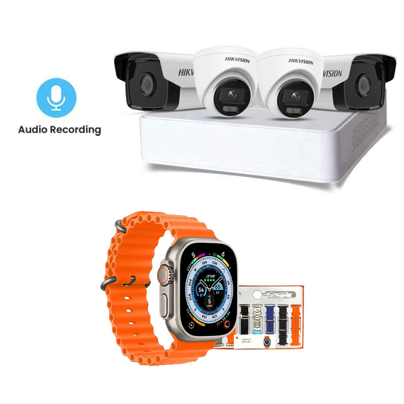 Picture of Hikvision 4 CCTV Cameras Combo (2 Indoor & 2 Outdoor CCTV Cameras) 👨🏻‍🔧 With CCTV Installation + 4CH DVR + HDD + Accessories + Power Supply + 90m Cable +Smart watch (7-in-1 Strap)
