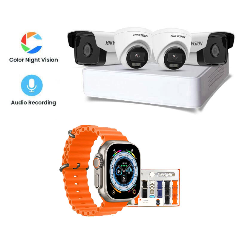 Picture of Hikvision 4 CCTV Cameras Combo (2 Indoor & 2 Outdoor CCTV Cameras) (Colour's View with mic) 👨🏻‍🔧 With CCTV Installation + 4CH DVR + HDD + Accessories + Power Supply + 90m Cable + Smart Watch (7-in-1 Strap)