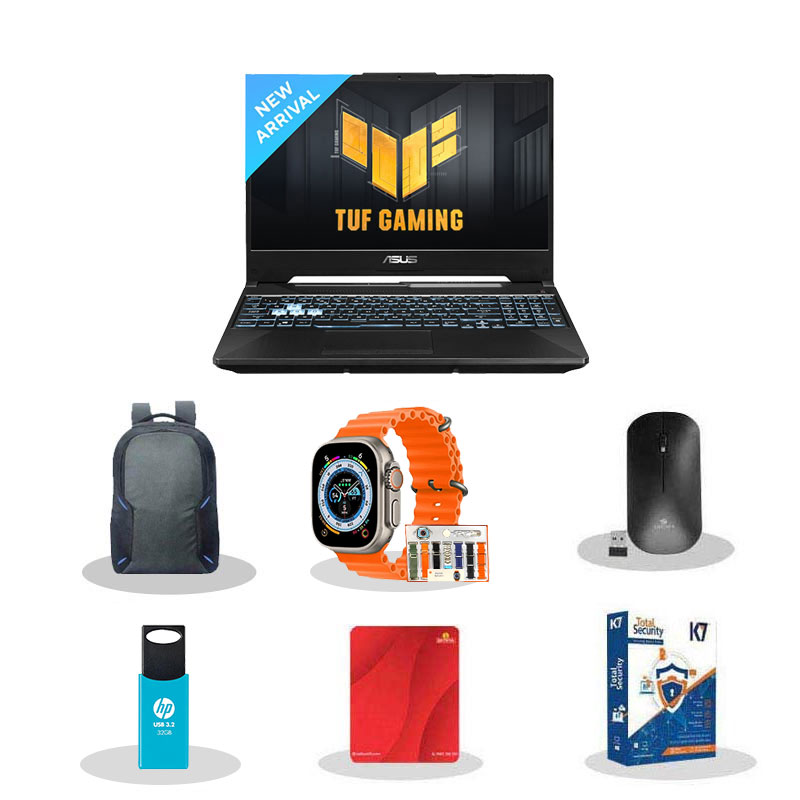 Picture of Asus TUF Gaming A15 - AMD Ryzen 7 7435HS 15.6" (39.62cm) FA566NFR-HN045WS  Gaming Laptop (16GB/ 512GB SSD/ Full HD Display/ Windows 11 Home/ 4 GB Graphics/ MS Office/ NVIDIA GeForce RTX 2050/ 1Year Warranty/ Graphite Black/ 2.30kg)  with Smart watch (7-in-1 Strap) + Laptop Bag + Wireless Mouse + Mouse Pad + Pendrive + K7 Antivirus Single User