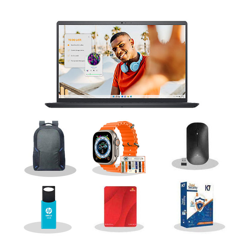 Picture of Dell Inspiron 15 - AMD Ryzen 5 7520U 15.6" (39.62cm) Thin & Light Laptop (8GB/ 512GB SSD/ Full HD Display/ Windows 11 Home/ MS Office 2021/ AMD Radeon Graphics/ 1 Year Warranty/ Carbon Black/ 1.63 kg) with Smart watch (7-in-1 Strap) + Laptop Bag + Wireless Mouse + Mouse Pad + Pendrive + K7 Antivirus Single User 