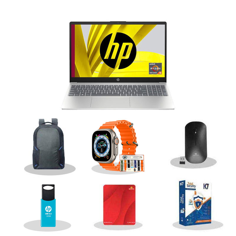 Picture of HP 15 - AMD Ryzen 5-7520U 15.6" (39.6 cm) 15-fc0156AU Thin & Light Laptop (16GB/ 512GB SSD/ Full HD Display/ Windows 11 Home/ Anti-Glare/  AMD Radeon Graphics/ Backlit KB/ Backlit KB/ MS Office/ 1Year Warranty/ Silver/ 1.59 kg) with Smart watch (7-in-1 Strap) + Laptop Bag + Wireless Mouse + Mouse Pad + Pendrive + K7 Antivirus Single User