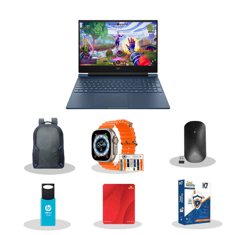 Picture of HP - Victus AMD Ryzen 5 5600H 15.6" (39.6 cm) 15-fb0185AX Gaming Laptop 8GB/ 512GB SSD/ AMD Radeon RX 6500M/ 4 GB GDDR6/ Windows 11 Home/ MS Office/ Mica silver/ 1 Year Warranty/2.29 kg) with Smart watch (7-in-1 Strap) + Laptop Bag + Wireless Mouse + Mouse Pad + Pendrive + K7 Antivirus Single User