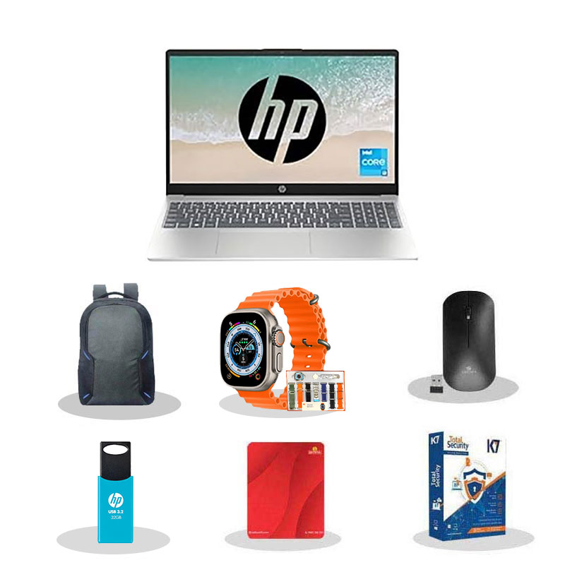 Picture of HP 15 - 13th Gen Intel Core i3 1315U 15.6" (39.6 Cm) 15-fd0186TU Thin & Light Laptop (8GB/ 512GB SSD/ Full HD Display/ Intel Integrated UHD/ Full Size Keyboard/ Windows 11 Home/ MS Office/ 1 Year Warranty/ Natural Silver/ 1.59kg) with Smart watch (7-in-1 Strap) + Laptop Bag + Wireless Mouse + Mouse Pad + Pendrive + K7 Antivirus Single User