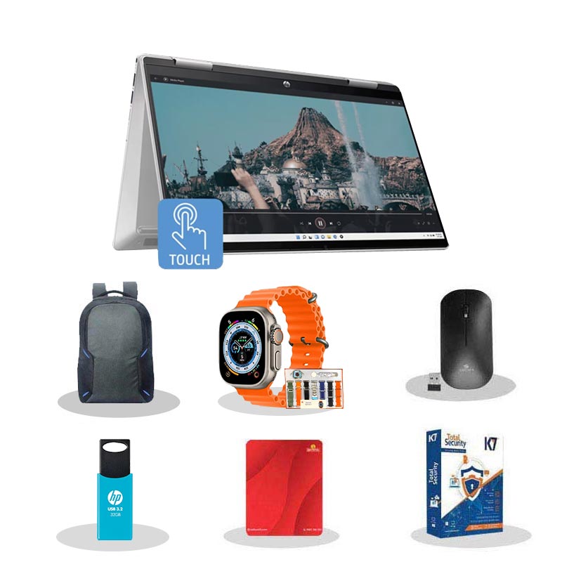 Picture of HP Pavilion x360 - 13th Gen Intel Core i5 14" (35.6 cm) 14-ek1149TU Thin & Light Laptop (16GB/ 1TB SSD/ Full HD Touch Display/ Intel Iris X Graphics/ Windows 11 Home/ MS Office/ 1 Year Warranty/ Natural Silver/ 1.51kg) with Smart Watch (7-in-1 Strap) + Laptop Bag + Wireless Mouse + Mouse Pad + Pendrive + K7 Antivirus Single User
