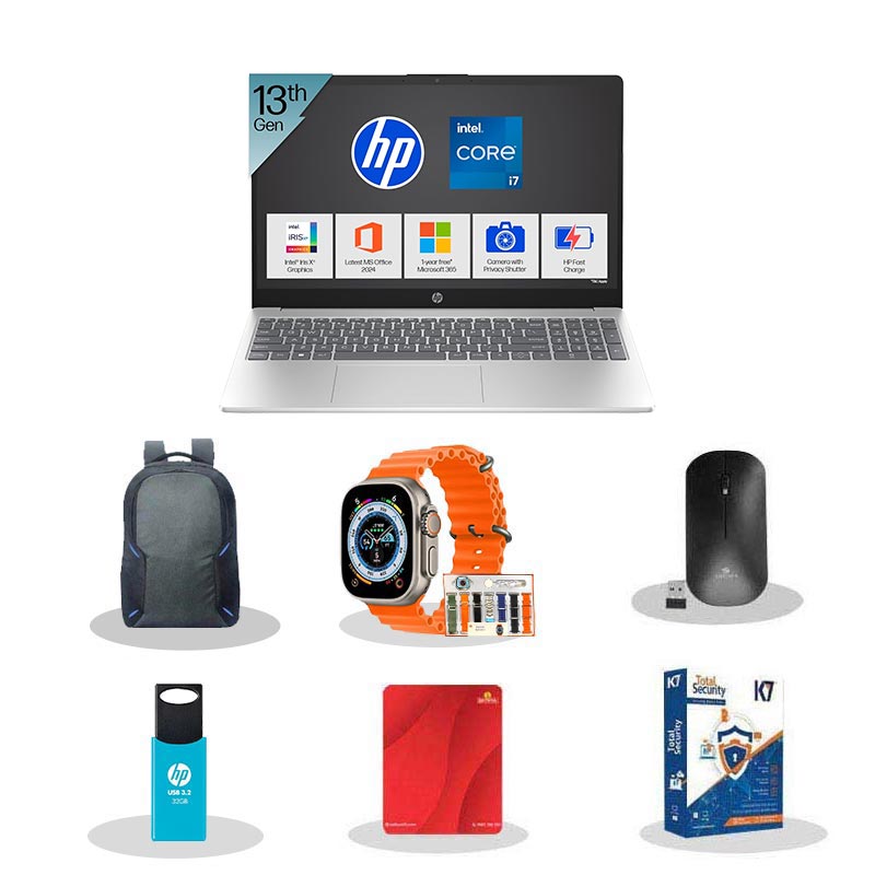Picture of HP - 13th Gen intel Core i7 1355U 15.6" (39.6 Cm) FD0468TU Thin & Light Laptop (16GB DDR4/ 512GB NVMe M.2 SSD/ Anti-Glare 250 nits/ Full HD Display/ Windows 11 Home/ Intel Iris Xᵉ Graphics / Backlit / Camera Privacy Shutter / MS Office 2024/ 1 Year Warranty/ 1.59 kg)
