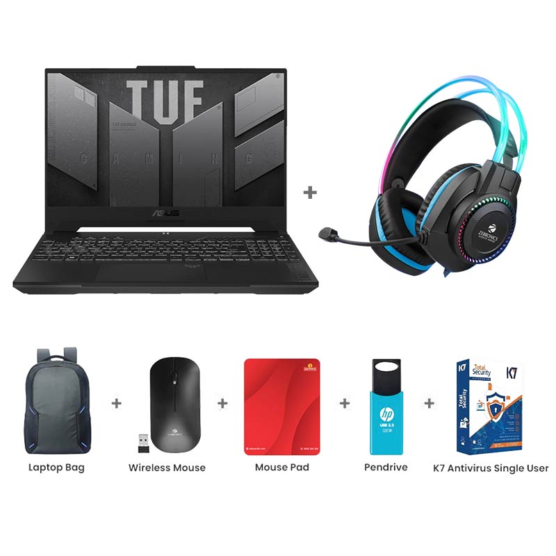 Picture of ASUS TUF Gaming A15 - AMD Ryzen 7 7435HS 15.6" (39.62 cm) FA506NFR-HN259WS Gaming Laptop (16GB/ 512GB SSD/ NVIDIA GeForce RTX 2050/ Windows 11 Home/ 1Year Warranty/ Graphite Black/ 2.30 Kg) Zebronics Zeb-Jet Premium Gaming Headphone + Laptop Bag + Wireless Mouse + Mouse Pad + Pendrive + K7 Antivirus Single User