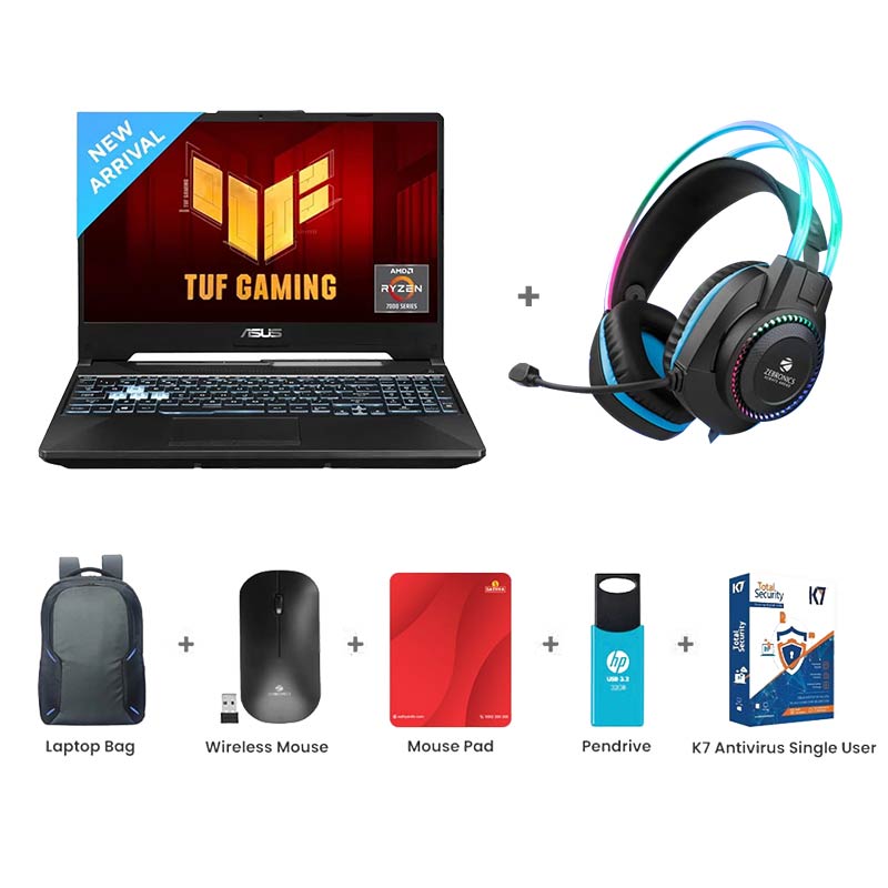 Picture of ASUS TUF Gaming A15 - AMD Ryzen 7 7435HS 15.6" (39.62cm) FA566NFR-HN259W Gaming Laptop 16GB/ 512GB SSD/ Full HD Display/ Windows 11 Home/ NVIDIA GeForce RTX 2050/ 1Year Warranty/ Graphite Black/ 2.30Kg) Zebronics Zeb-Jet Premium Gaming Headphone + Laptop Bag + Wireless Mouse + Mouse Pad + Pendrive + K7 Antivirus Single User