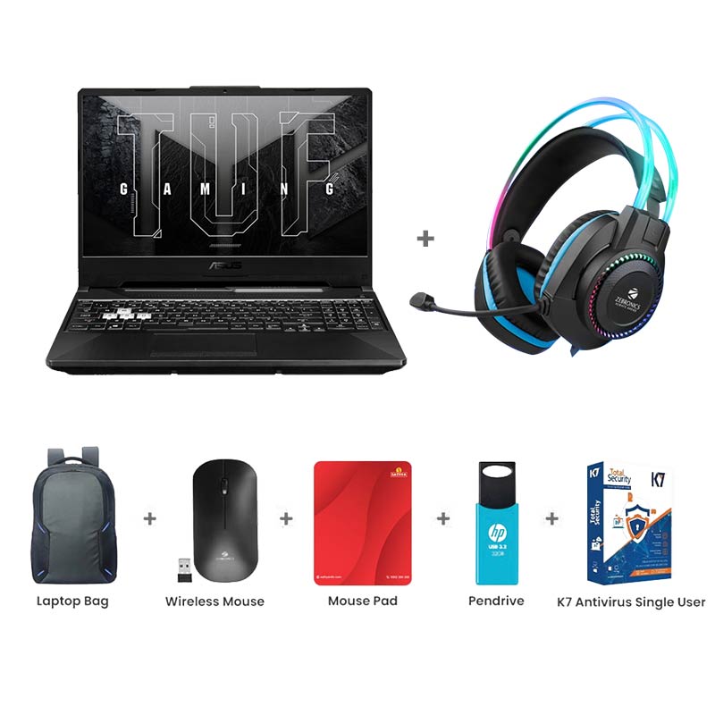 Picture of Asus TUF Gaming F15 - AMD Ryzen 7 7435HS 15.6" (39.62cm) FA566NCR-HN254WS Gaming Laptop (16GB/ 512GB/ Full HD Display/ Windows 11 Home/ NVIDIA GeForce RTX 3050/ Office Home 2024 / 1Year Warranty/ Graphite Black/ 2.30 Kg) Zebronics Zeb-Jet Premium Gaming Headphone + Laptop Bag + Wireless Mouse + Mouse Pad + Pendrive + K7 Antivirus Single User